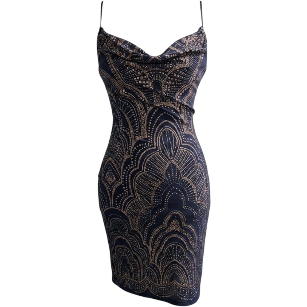 Vintage Y2K Dress Blue Ribbed Knit‎ Metallic Cowl Neck Mini Size XS Event Gala